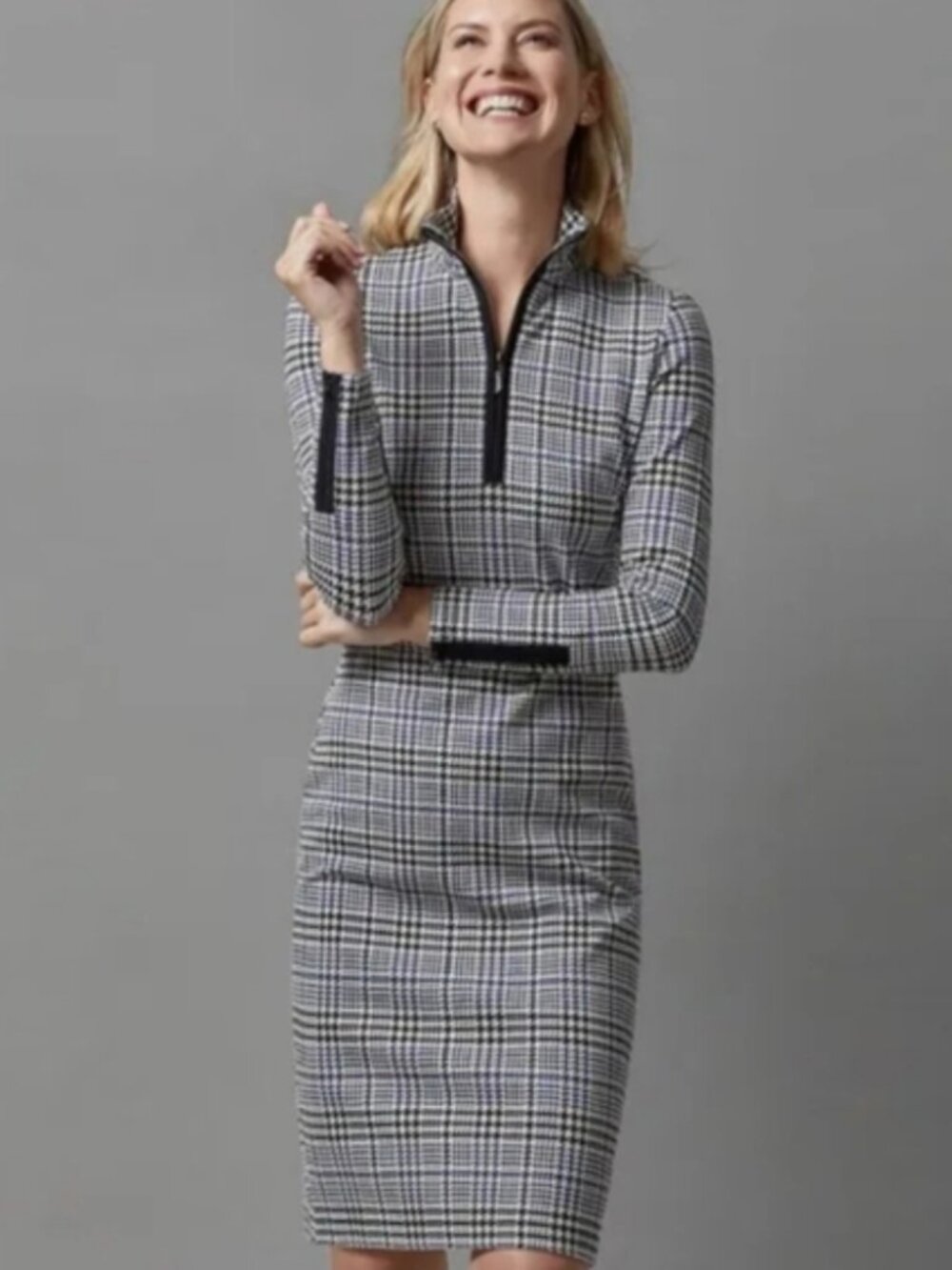 J. McLaughlin Ponte Houndstooth Aspen Glenn Dress Size M Bedford Midi Longsleeve - Picture 2 of 11